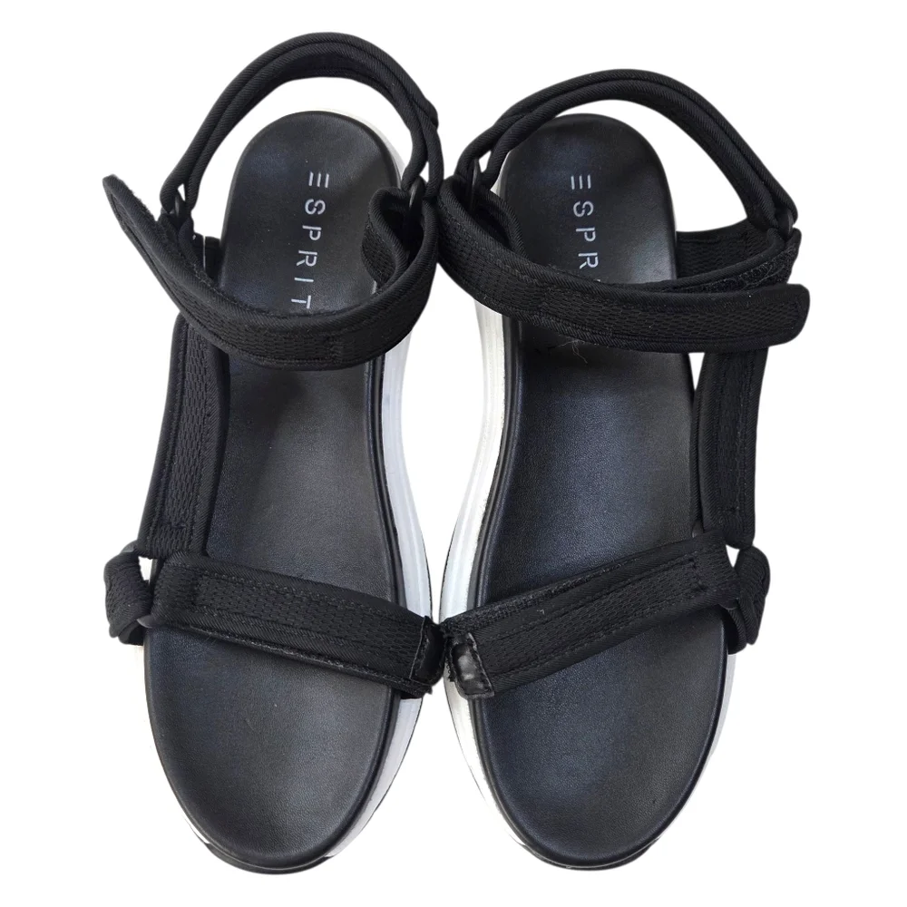 Esprit Y2K Sporty Platform Sandals Womens 9 Black White Ankle Strap Open Toe